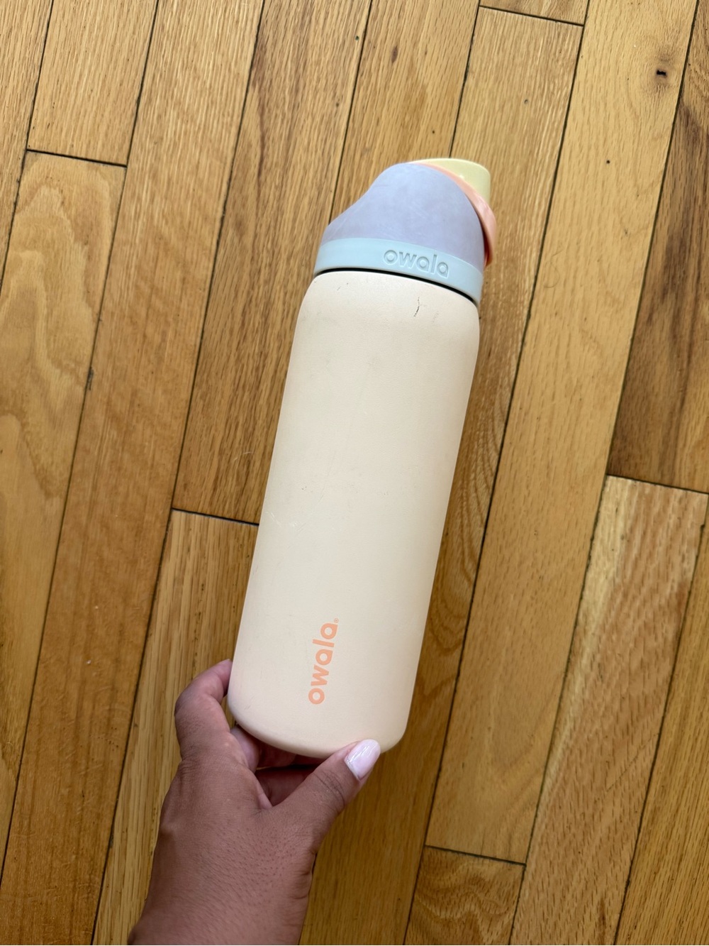 Owola Peach Insulated Water Bottle with Multicolor Pastel Lid